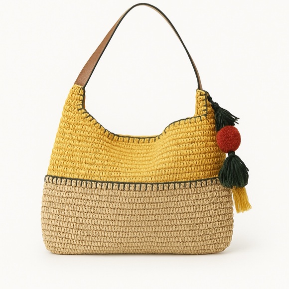 Hobo Style Straw Tote Yellow Natural Tassels - Picture 1 of 8